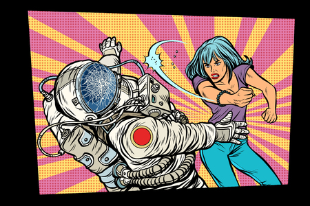 woman vs astronaut, fight. Pop art retro comic book vector cartoon vector illustration hand drawingの写真素材