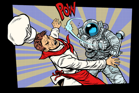space food. Astronaut fight with the chef. Bad food, dissatisfied customer. Pop art retro vector illustration hand drawn comic cartoonのイラスト素材