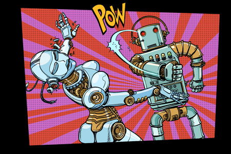 Male and female robots fighting domestic violenceの写真素材