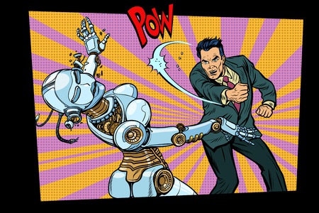retro male beats up female robot. Domestic violence, sex doll. Pop art retro comic book vector cartoon hand drawn illustrationのイラスト素材
