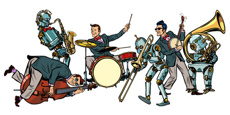 futuristic jazz orchestra of humans and robots, isolated on white background. Pop art retro vector illustration comic cartoon hand drawingのイラスト素材