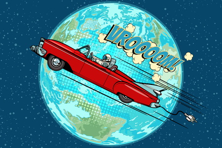 Astronaut in an electric car over the planet Earthのイラスト素材