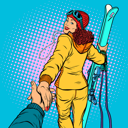 Skier woman, extreme winter sports. follow me concept, couple love hand leads. Pop art retro vector illustration comic cartoon vector vintage kitsch drawing