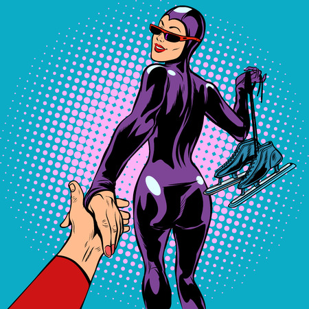 speed skating female athlete. winter sport. follow me concept, couple love hand leads. Pop art retro vector illustration comic cartoon vector vintage kitsch drawingのイラスト素材