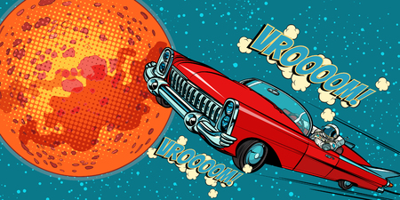 The astronaut driver in car on Mars. Pop art retro vector illustration comic cartoon hand drawn vectorのイラスト素材