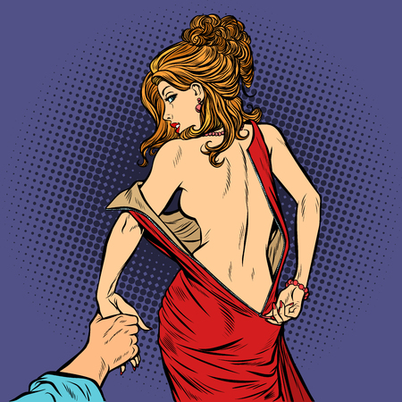 Follow me undresses woman, couple love and sexy. Pop art retro comic book cartoon drawing vector illustration kitsch vintage.のイラスト素材
