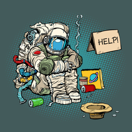 Crowdfunding concept. A poor homeless astronaut asks for money. Pop art retro comic book cartoon drawing vector illustration kitsch vintage.のイラスト素材