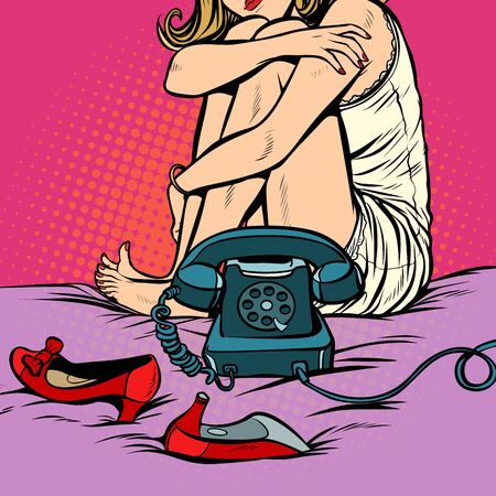 Woman sitting at a retro phone. Pop art retro comic book vector cartoon hand drawn illustration.のイラスト素材