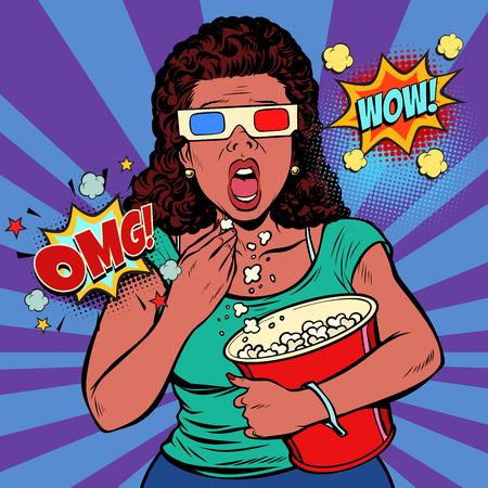 Woman in 3d glasses watching a scary movie and eating popcorn. Fast food in the cinema hall. Pop art retro vector illustration comic cartoon vintage kitschの写真素材