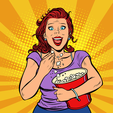 Woman watching a movie, smiling and eating popcorn. Fast food in the cinema hall. Pop art retro vector illustration comic cartoon vintage kitschのイラスト素材