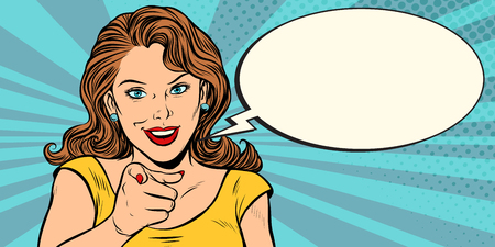 Gesture woman pointing finger at you. Pop art retro comic book cartoon drawing vector illustration kitsch vintageのイラスト素材