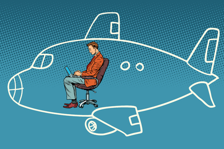 Businessman working on a laptop, dreams of flying in an airplane. Tourism and travel. Comic book cartoon pop art retro vector illustration vintage kitschのイラスト素材
