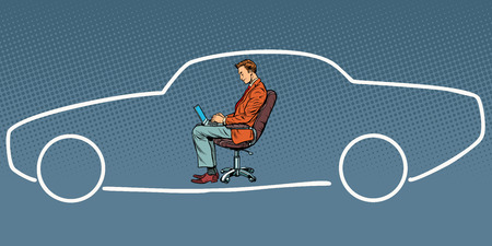 Businessman working on laptop and dreaming about car. Comic book cartoon pop art retro vector illustrationのイラスト素材
