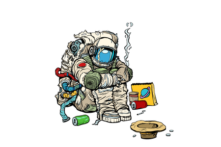 Crowdfunding concept. A poor homeless astronaut asks for moneyの写真素材