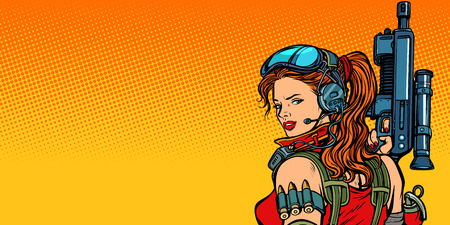 futuristic woman with guns close-up Vector illustration.のイラスト素材