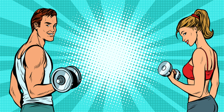 fitness sports background, man and woman with dumbbellsの写真素材