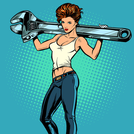 Beautiful woman with a wrench. Pop art retro vector illustration comic cartoon kitsch drawingのイラスト素材