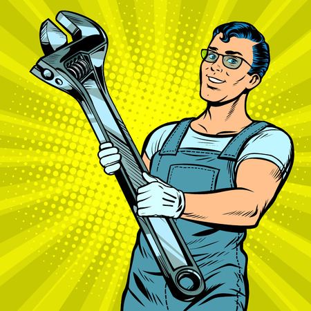 Man repairman with a wrench in pop art retro illustration comic cartoon drawing.のイラスト素材