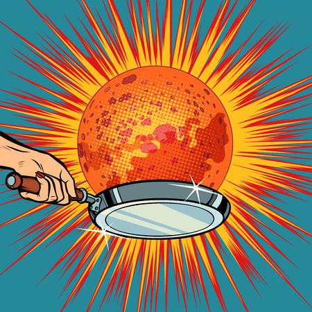People with a frying pan fry the planet Mars in pop art retro illustration comic cartoon drawing.のイラスト素材