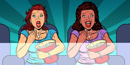 Two women react differently to the movie, laughs and fears in pop art retro illustration comic cartoon drawing.