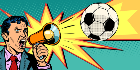 Businessman with megaphone, fan of a football match in pop art retro illustration comic cartoon drawing.のイラスト素材