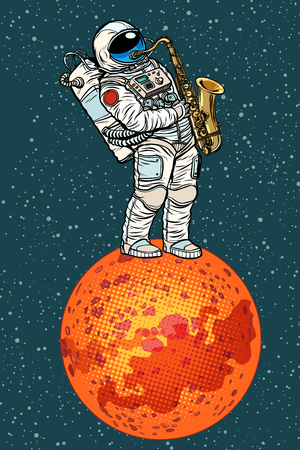 astronaut plays saxophone on Mars. Pop art retro vector illustration comic cartoon kitsch drawingの写真素材