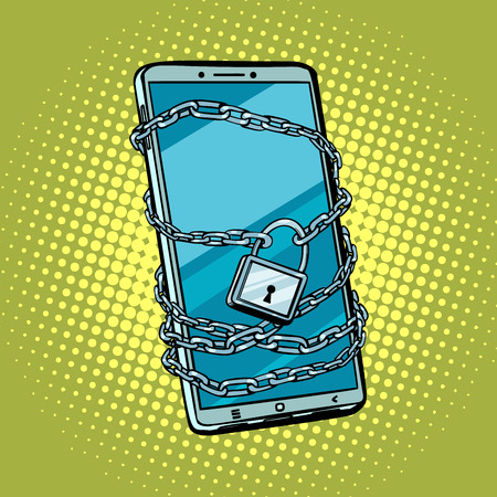 Smartphone chain lock. Locked gadget. Protected technologies. Pop art retro vector illustration comic cartoon kitsch vintage drawing.のイラスト素材