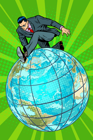 Businessman walking on the planet. Pop art retro vector illustration comic cartoon kitsch vintage drawing.のイラスト素材