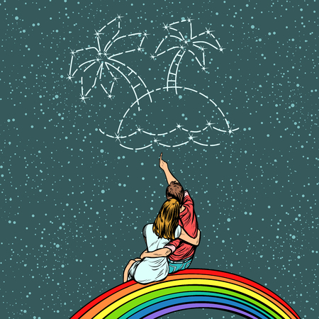 Couple man and woman dreaming of a trip to the beach. Pop art retro comics cartoon vector illustration kitsch drawing.のイラスト素材
