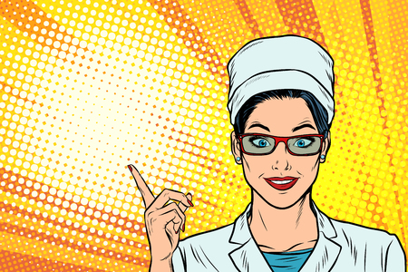Female doctor points to the side gesture. Pop art retro vector illustration cartoon comics kitsch drawing.のイラスト素材