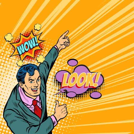 Wow look businessman pop art. Retro vector illustration cartoon comics kitsch drawing.のイラスト素材