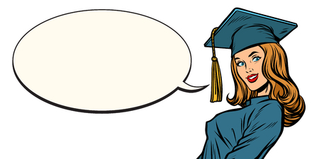 Female graduate comic book bubble. Pop art retro vector illustration cartoon kitsch vintage drawing.のイラスト素材