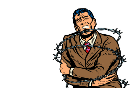Political prisoner in barbed wire. Pop art retro vector illustration comic cartoon kitsch vintage drawing.のイラスト素材