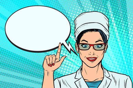 The woman doctor says or recommends, a comic book bubble. Pop art retro vector illustration cartoon comics kitsch drawingのイラスト素材
