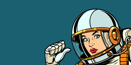 astronaut woman fist hand pointing at herself