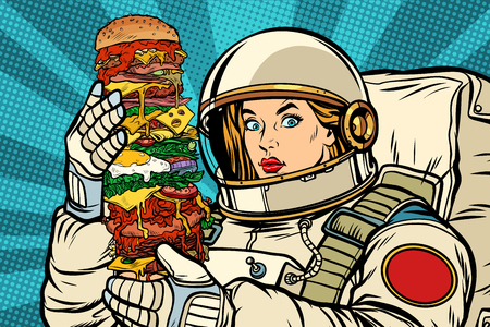 Hungry woman astronaut with giant Burgerのイラスト素材
