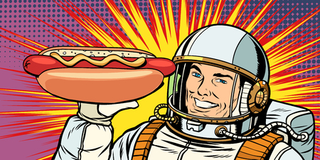 Smiling male astronaut presents hot dog sausageのイラスト素材