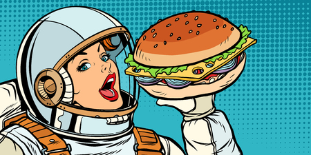 Hungry woman astronaut eating Burgerのイラスト素材
