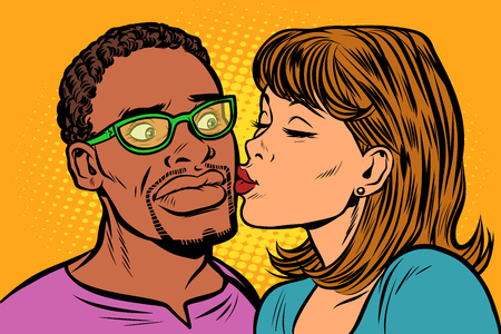 woman kisses a man. multi-ethnic couple. embarrassmentのイラスト素材