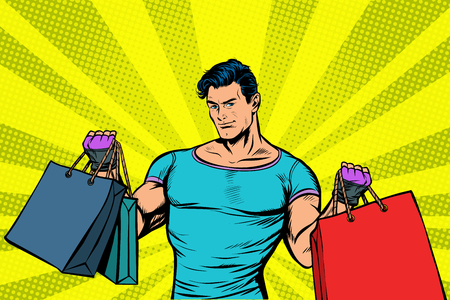 strong muscular man with bags on sale. Pop art retro vector illustration vintage kitsch drawingのイラスト素材