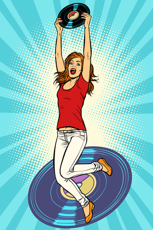 Music and vinyl. Joyful young woman jumping up. Pop art retro vector illustration kitsch vintageのイラスト素材