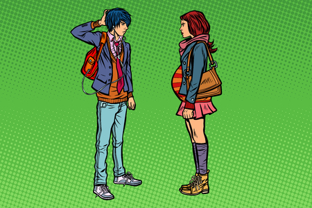 Confused young man and pregnant girl. Teenage sex. Pop art retro vector illustration kitsch vintageのイラスト素材
