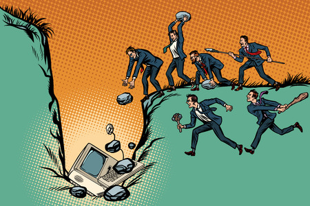 Savages businessmen kill computer. Internet censorship and politics. People against technological progress. Pop art retro vector illustration kitsch vintageのイラスト素材