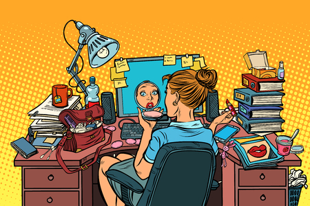 Businesswoman in the workplace paints her lips. Pop art retro vector illustration vintage kitschのイラスト素材