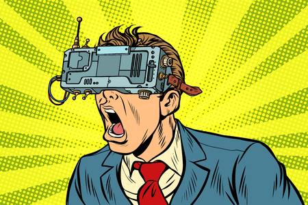 Businessman in VR glasses screamingの写真素材