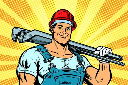 plumber worker with adjustable wrench. Pop art retro vector illustration vintage kitschのイラスト素材