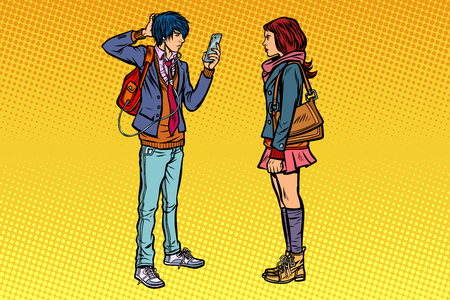 Young man and girl teens date. Pop art retro vector illustration kitsch vintageのイラスト素材