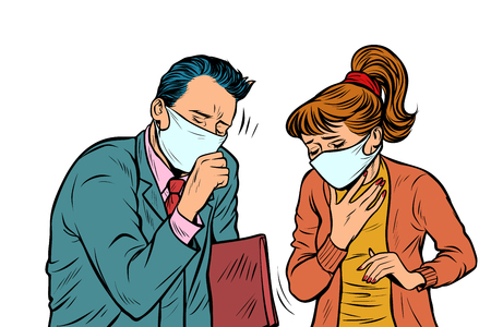 man and woman in masks, dirty air, illness infection. Pop art retro vector illustration vintage kitsch drawingのイラスト素材