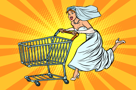 The bride runs for wedding shopping. Pop art retro vector illustration vintage kitschのイラスト素材
