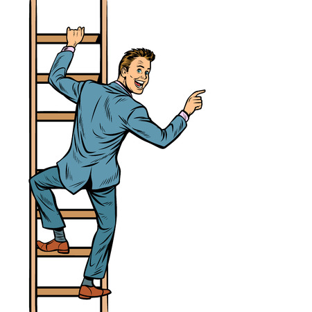 businessman climbs stairs, man points to copy space. isolate on white background. Pop art retro vector illustration vintage kitschのイラスト素材